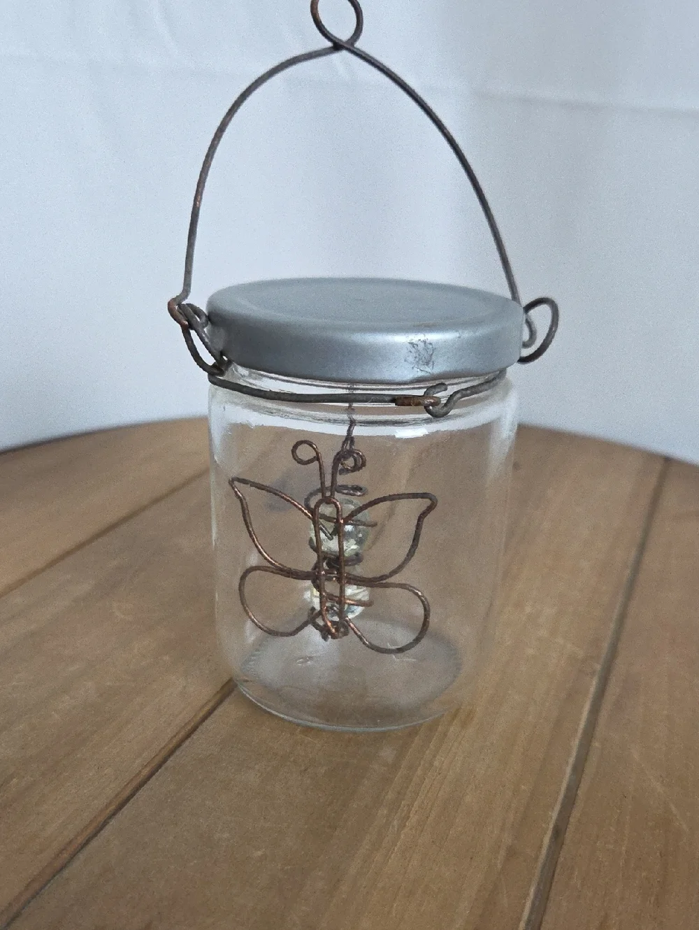 Glass Hanging Jar Lantern with Silver Lid and Copper Butterfly Accent